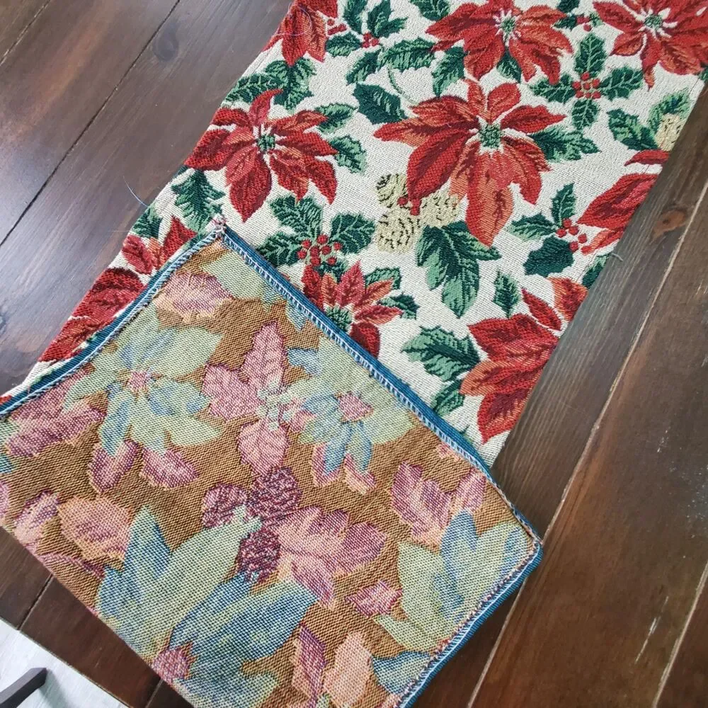 Table Runner Red Green Cream Gold Poinsettias Tapestry 70x12
